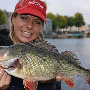 Babs fishing in Amsterdam